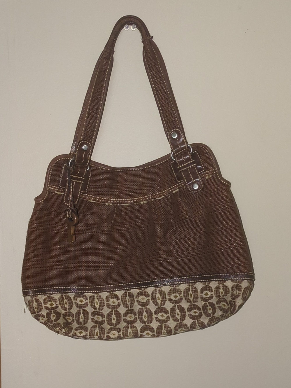 Vintage Fossil Brown Woven Tote Bag